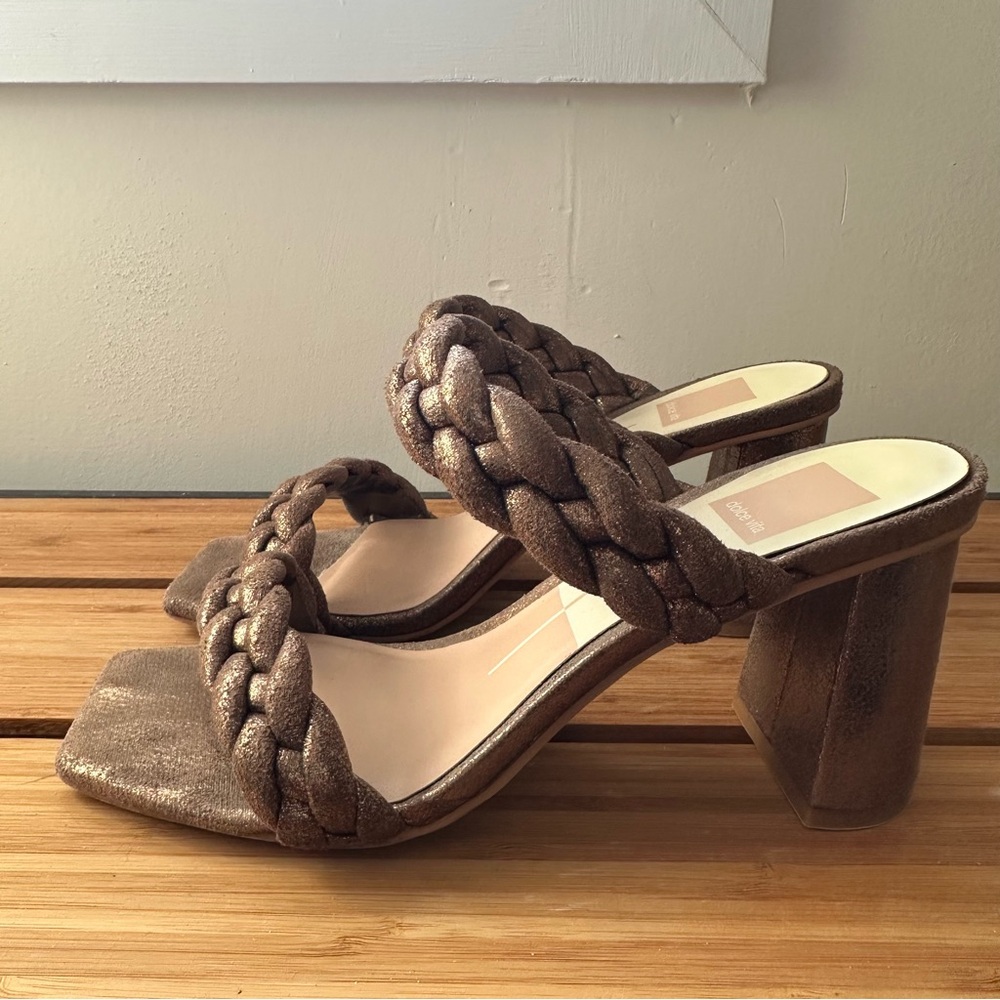 Dolce Vita Brown Metallic Braided 2-Strap Sandals Mules Heels